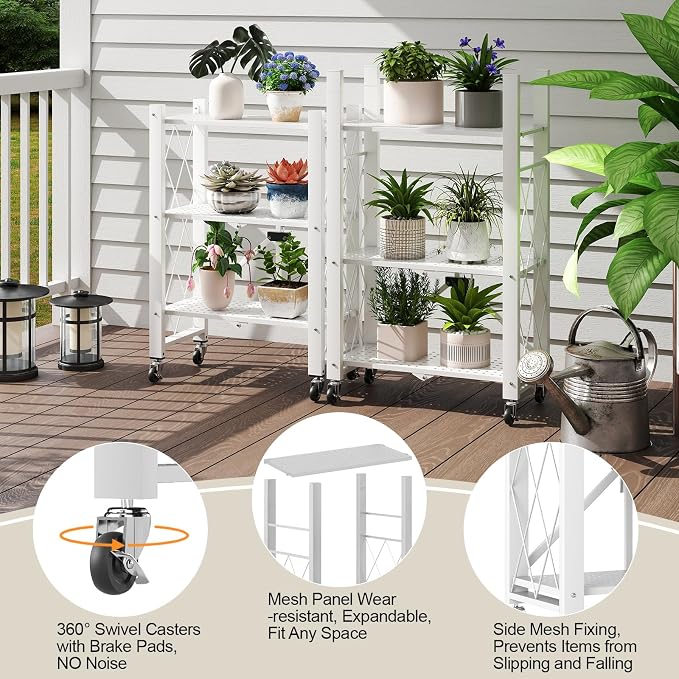 6-Tier Foldable Storage Shelves with Wheels, Folding Metal Shelf Unit | Folding Bookshelf no Assembly, Collapsible Shelves for Craft Shows for Kitchen, Bedroom, Living Room, White - Image 5