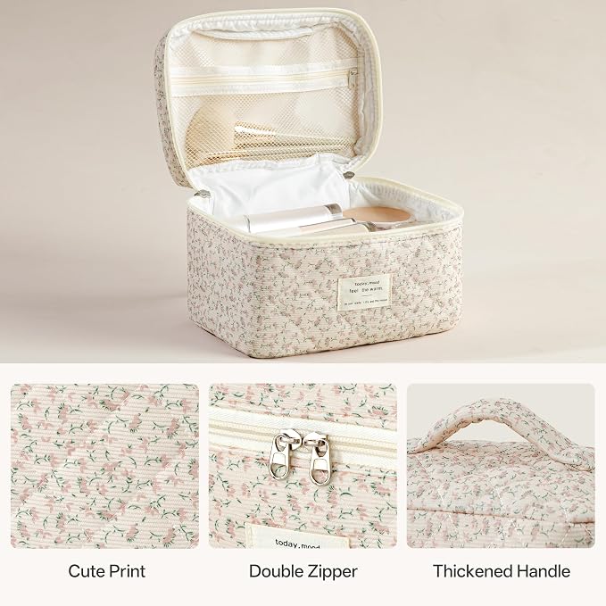 HBselect Quilted Makeup Bag, 3Pcs Cotton Large Travel Makeup Bags Organizer | Cute Floral Make up Bag Cosmetic Bag Toiletry Bag for Women Girls, Makeup Pouch for Skincare, Brushes & Travel Essentials - Image 3