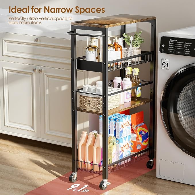 Slim Rolling Storage Cart, 4 Tier Narrow Storage Cart, 9.1in(W) | Metal Kitchen Rolling Cart for Small Spaces, Narrow Shelf for Kitchen, Laundry Room, Bathroom, Living Room - Image 2