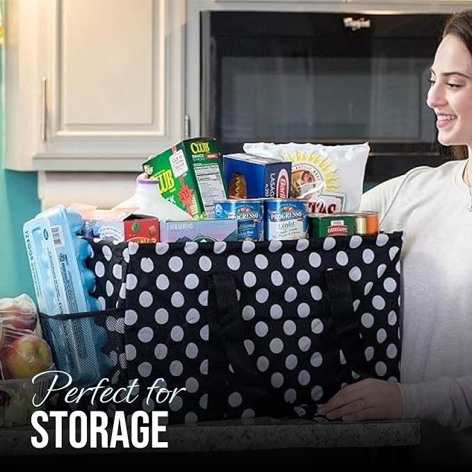 Extra Large Utility Tote Bag - Oversized Collapsible Reusable Wire Frame Rectangular Canvas Basket With Two Exterior Pockets For Beach, Pool, Laundry, Car Trunk, Storage - White Polka Dot - Image 2