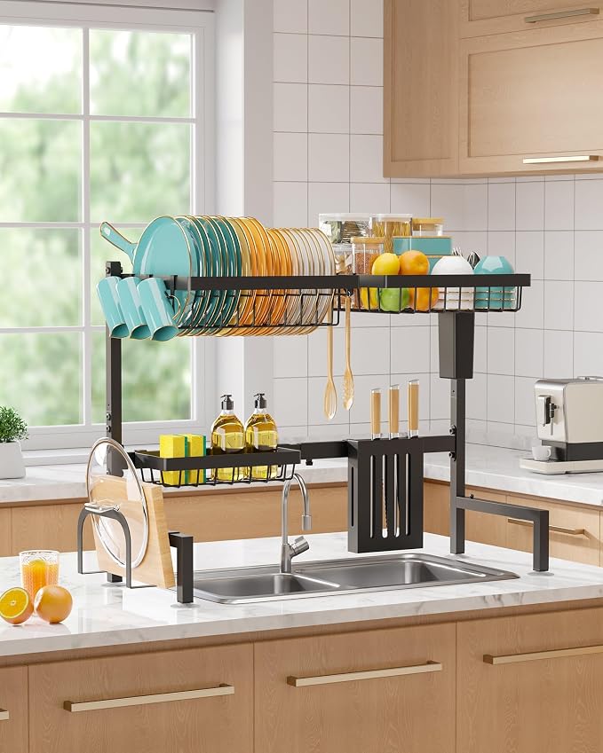 Sakugi Over The Sink Dish Drying Rack - Adjustable 2 Tier Large Capacity Stainless Steel Drainer with Cutlery & Utensil Holders, Kitchen Storage & Organization, 30"-33.9" L x 11" W x 21.5" H, Black - Image 7