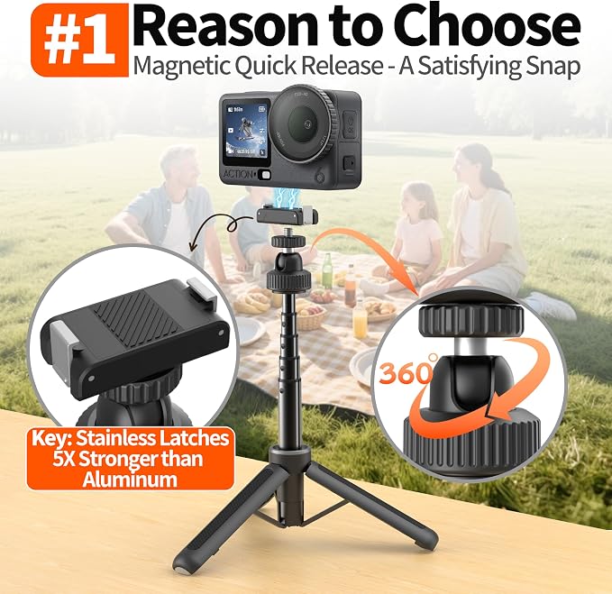 AGVEE Selfie Stick Tripod for DJI Osmo Action 6/Nano Camera | Magnetic Quick Release Mount Accessories, Reinforced Nylon-Fiberglass Legs, Desktop Portable Vlog Travel Extension Rod - Image 2