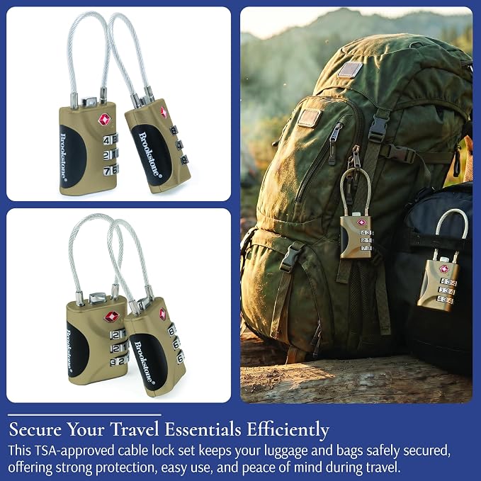 Brookstone Cable Luggage Locks, 2 Pack, TSA Approved, Resettable | 3-Digit Combination Lets You Set Your Own Code, Slim Design Threads Through Zippers or Straps, Great for Bags - Image 4