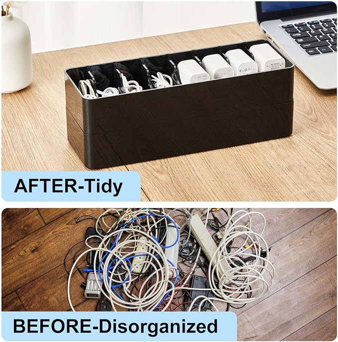 Tatuo 4 Pcs Cord Organizer for Drawer Desktop, Cable Organizer Box with 8 Compartments and Wire Ties, Plastic Charger Storage with Lid, Electronics Case for Home Office Accessories (Small,Black) - Image 5