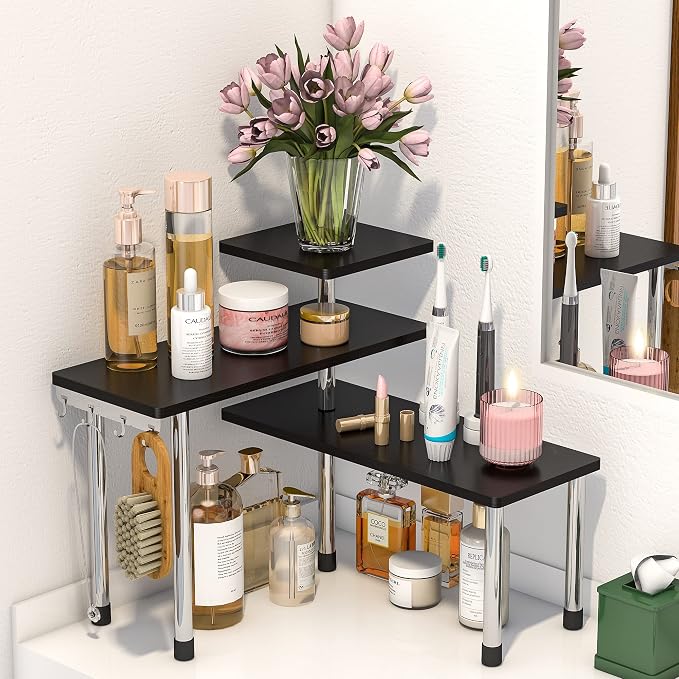 ZHWS Bathroom Counter Organizer Corner Shelf – Bathroom Organization Bamboo 3 Tier Spice Rack Makeup Organizer Bookshelf Space Saving Rack Kitchen Office Living Room, Black - Image 3
