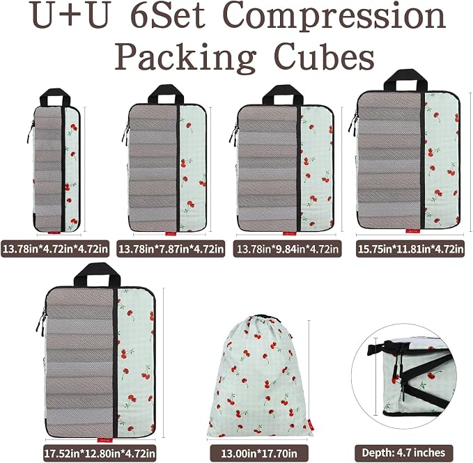 U+U 6 Set Compression Packing Cubes, Travel Organizers (Sage Green Cherry) | Space-Saving & Drawstring Bag Included - Image 3