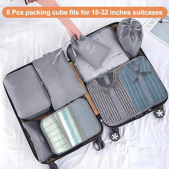 Packing Cubes for Travel- 8 Set Luggage Organizer Bags for Family, Mesh Breathable Travel Packing Cubes for Suitcases Durable Travel Essentials Bags Set (Grey, 8 Set) - Image 2