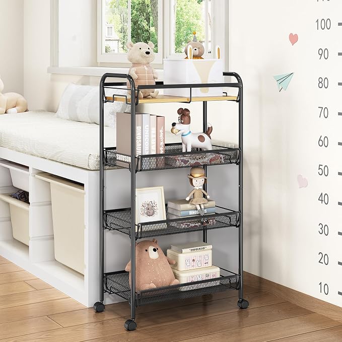 TOOLF 4-Tier Rolling Cart, Metal Utility Cart, Slide Out Storage Cart with Wooden Tabletop and Mesh Baskets, Easy Assemble Trolley for Kitchen Bathroom Laundry Room Bedroom Apartments Dormitory - Image 7