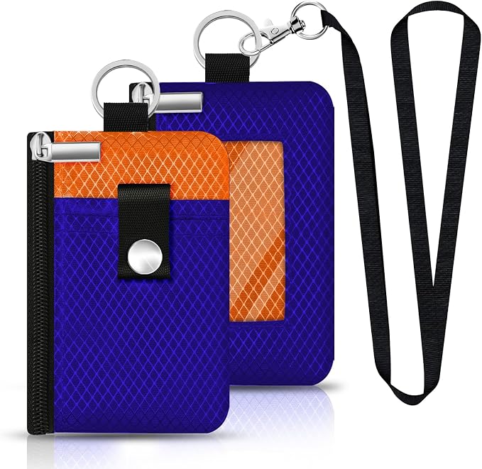 Minimalist RFID Blocking Small Wallet with ID Window,WaterResistant Zip Id Case Wallet with Lanyard Keychain for Cards,Cash,Travel,Women,Men (Sapphire Blue/Orange) - Image 3