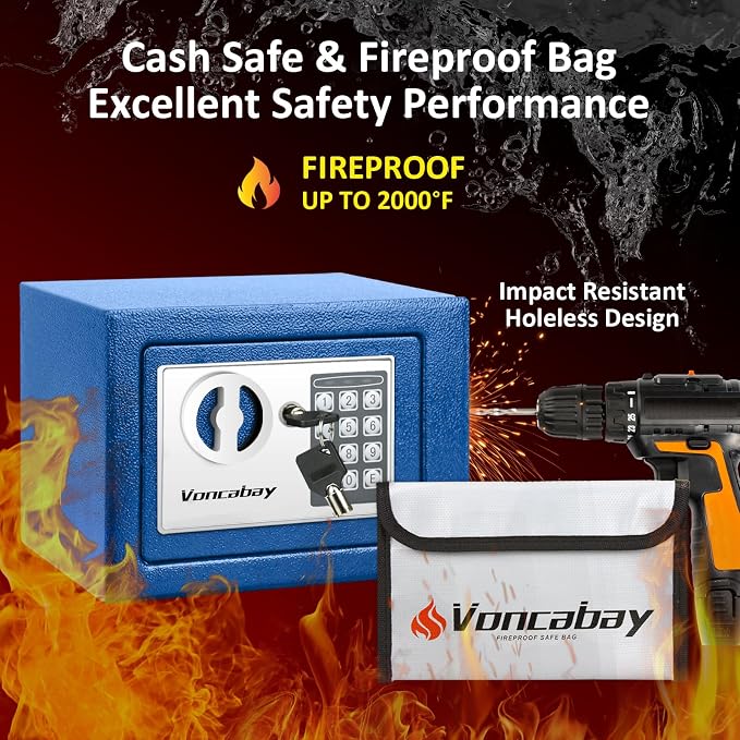 Voncabay Money Safe Box for Home with Digital Keypad, 0.23 Cu. Ft., Blue | Alloy Steel, Sensor Light, Fireproof Bag Included, 2 Override Keys, 4 Mounting Screws, Carpeted Mat, 9 x 6.6 x 6.5 In. - Image 5