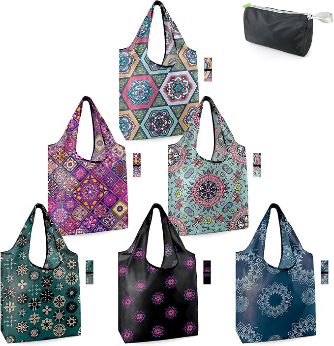 BeeGreen Boho Gifts for Women Geometric Reusable Grocery Bags Mandala Shopping Bags Bulk 6 Pack 50LBS X-Large Foldable-Machine Washable-Heavy Duty Mandana Yoga Gifts by BeeGreen