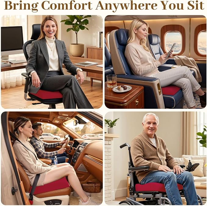 TranquilRelax Memory Foam Seat Cushion for Office Chair, 3-Inch, Red | Medium-firm Support for Long Sitting, Washable Mesh Cover, Non-slip Base, Perfect for Car Seats & Short Drivers - Image 5