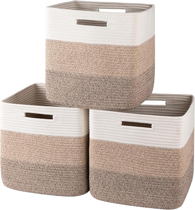 OIAHOMY 13 Inch Cube Storage Bins, 3-Pack Cotton Rope Woven Baskets for Organizing, Insert Storage Baskets for Shelves, Baby Nursery, Closet Organizer, 13 * 13 * 12.6IN, Gradient Brown by MasterofSpaceOptimization