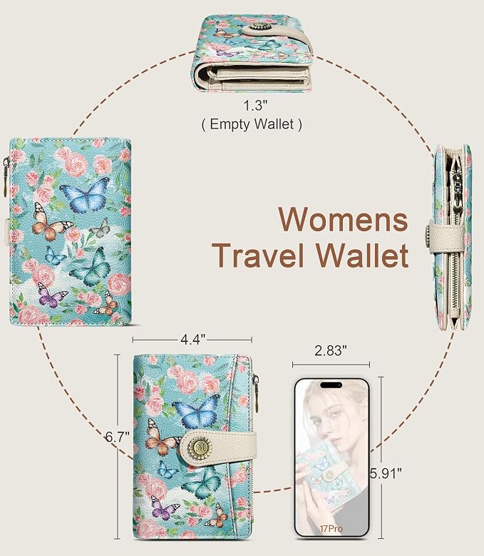 Butterfly Wallet Women RFID, Passport Holder, Credit Card Holder | 6.7" x 4.4" x 1.3" Bifold, Travel billfold, Zipper Pocket, PU Leather, Clutch, Purse, ID Window, Pen Holder, Gift Ladies Girl - Image 5