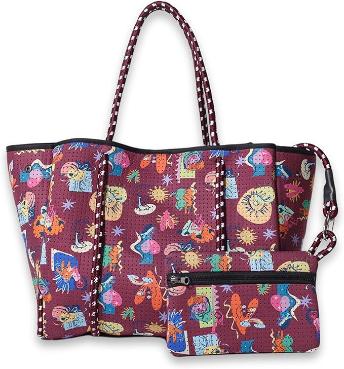 POPUPS Large Neoprene Tote Bag for Women - Everyday Designer Handbag for Travel Work and Beach with Pockets and Zipper Pouch by POPUPSBrand