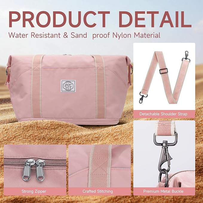 WALNEW Travel Duffel Bag, Weekender Overnight Bag for Women, Pink | Carry On Bag, Foldable Waterproof Gym Luggage with Metal Buckle Detachable Shoulder Strap and Wet Compartment - Image 6