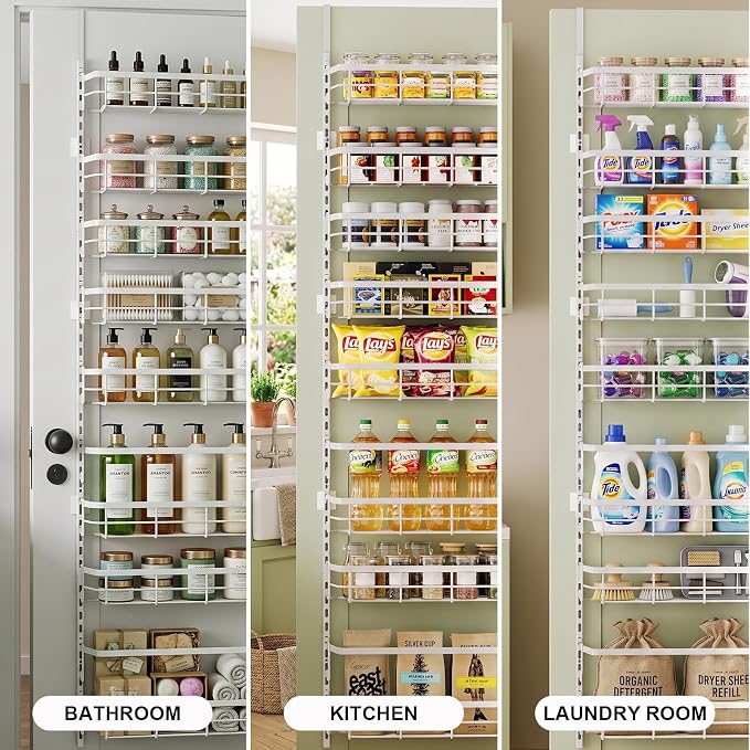 Over The Door Pantry Organizer, 8 Tier Adjustable Pantry Door Organization and Storage, Spice Rack with Hooks Mounted Shelves for Pantry Kitchen Essentials, White - Image 7