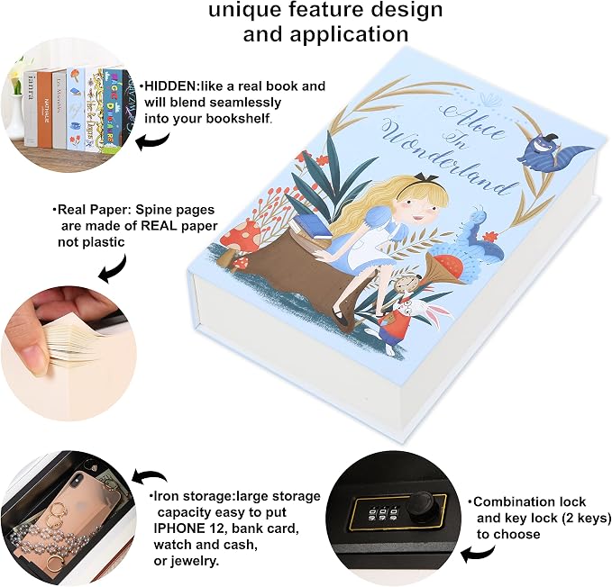 Alice in Wonderland Book Safe with Real Pages, Key Lock Metal Secret Box | Hidden safe box and hollow storage compartment for cash money. Decorative book box stash case for passport savings. - Image 3