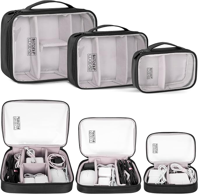 AKOZLIN Cable Organizer Bag, Padded Electronic Organizer Travel Case | Double Layer Cord Organizer Case 3pcs/set, DJ Cable File Accessories Bag with Adjustable Divider, Clear by AKOZLIN
