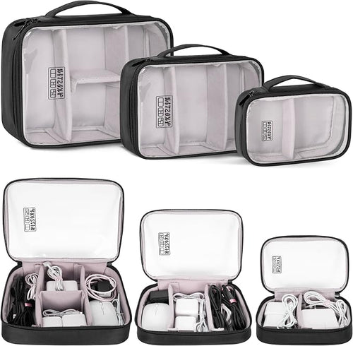 AKOZLIN Cable Organizer Bag, Padded Electronic Organizer Travel Case | Double Layer Cord Organizer Case 3pcs/set, DJ Cable File Accessories Bag with Adjustable Divider, Clear by AKOZLIN