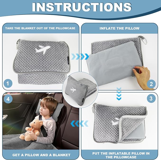 Travel Blanket Airplane Compact with Bag, Travel Essentials 3 in 1 Packable Airplane Blanket, Travel Pillow and Blanket Set, Inflatable Pillow, Luggage Sleeve & Backpack Clip (Light Grey) - Image 6