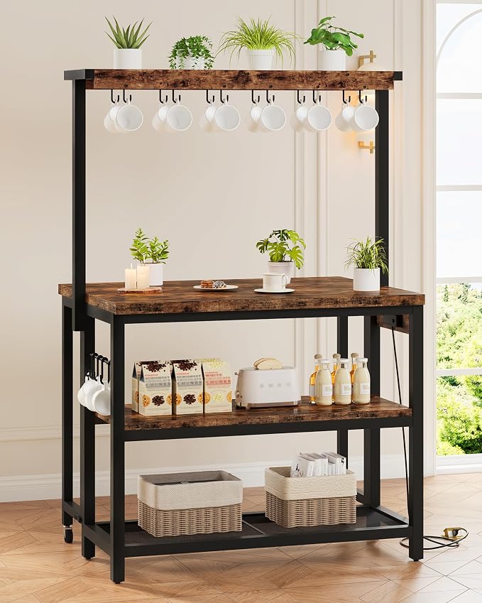 Kitchen Island with Power Outlet, Kitchen Island Table with Folding Top, Stationary Storage Islands, Coffee Bar with Outlets and USB Ports, for Dining Room, Rustic Brown and Black TZD01UBF - Image 3