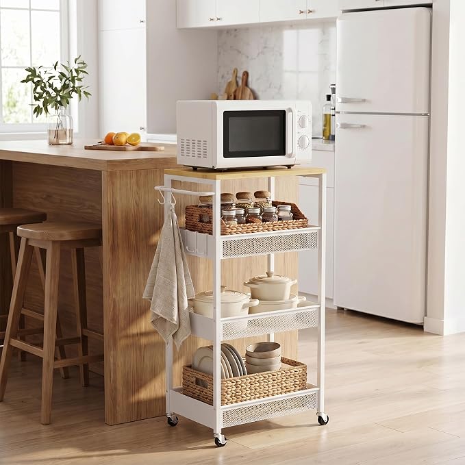 Rolling Utility Cart, 4 Tier 11.8" Wide Metal Storage Cart with Handle and Wood Top, Multifunctional Mobile Shelf Unit Organizer Trolley for Laundry, Bathroom, Kitchen - Image 6