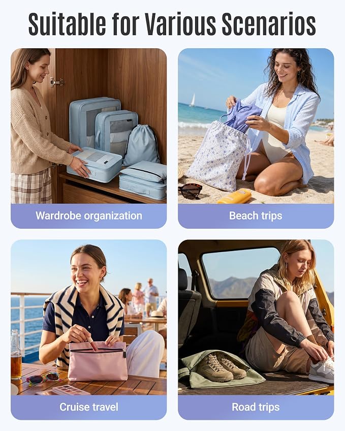 8 Set Packing Cubes for Travel, Cruise Ship Travel Essentials | 8-Pack Packing Bags, Mesh Luggage Organizer Bags & Laundry Shoe Bags for Max Clothing Capacity, Holiday Vacation Camping - Image 2