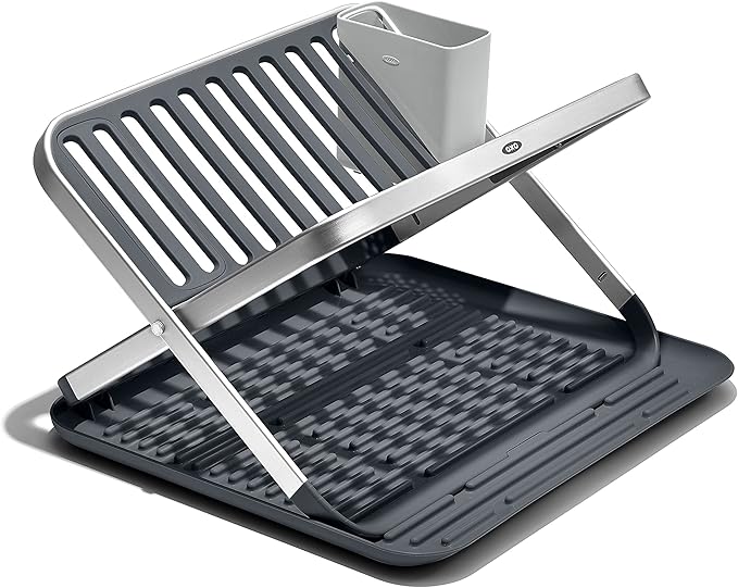 OXO Good Grips Aluminum Fold Flat Dish Drying Rack, 2-Tier, with Drainboard, for Kitchen Counter, Collapsible by Unknown