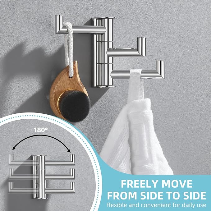 Angle Simple Swivel Towel Hook 3 Arms, Robe Coat Wall Hook, Polished Chrome | Rustproof SUS304 Stainless Steel Hand Towel Holder, Foldable Space Saver for Bathroom Kitchen Closet Entryway, Screws Mounted - Image 6