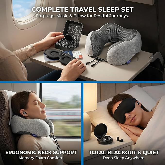 Memory Foam Travel Neck Pillow for Airplane, Adjustable Neck Pillow for Traveling with Removable Washable Cover, Ergonomic Head & Chin Support, Includes Sleep Mask, Earplugs & Travel Bag - Image 5