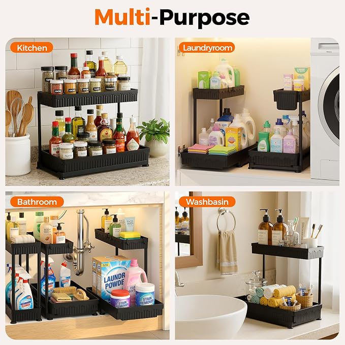 3-Pack 2-Tier L-Shaped Under Sink Organizers with Sliding Drawers | Multi-use kitchen & bathroom storage, 14.85 inch black cabinet organizer, space-saving sliding drawer design. - Image 7