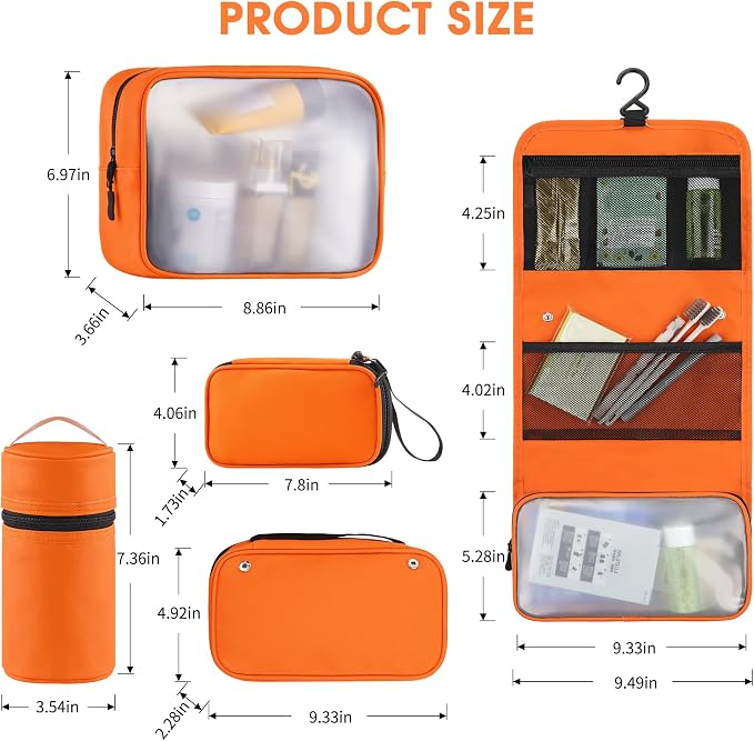 Toncoke Travel Toiletry Bag Set, Hanging Toiletry Bag Premium Faux Leather, Toiletry Bag for Women & Men, Travel Essentials Makeup Bag Water-resistant, Faux Leather Orange - Image 3