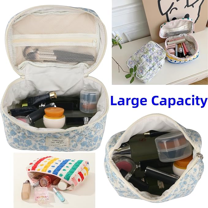 Fcteap Makeup Bag Travel Essentials Quilted Cosmetic Toiletry Pouch Organizer Insert for Women Dorm Room Essential Gift Large Capacity Opening Lightweight Cute Aesthetic Portable 2PCS (Heart) - Image 4