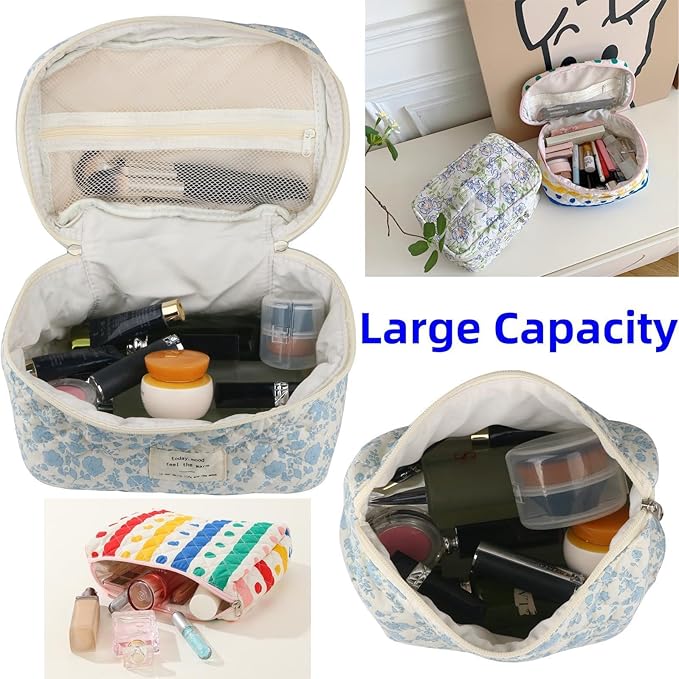 Fcteap Makeup Bag Travel Essentials Quilted Cosmetic Toiletry Pouch Organizer Insert for Women Dorm Room Essential Gift Large Capacity Opening Lightweight Cute Aesthetic Portable 2PCS (Colorful Dots) - Image 4