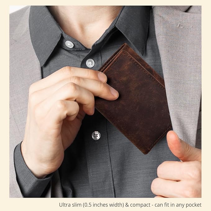 Real Leather Mens Trifold Wallet RFID Blocking Slim Minimalist Front Pocket - Thin & Stylish with ID Window in Gift Box - Image 6