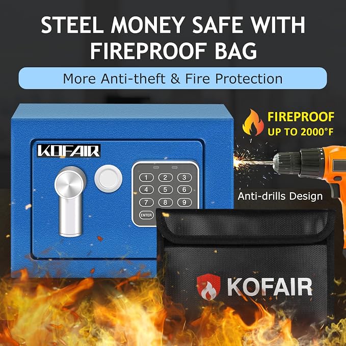 KOFAIR Safe Box for Home Safe (0.23 Cubic Feet) with Fireproof Bag, Personal Money Safe for Cash Saving, Mini Safey with Key, Digital Safety Box with Light, Money Lock safey (Blue) - Image 2