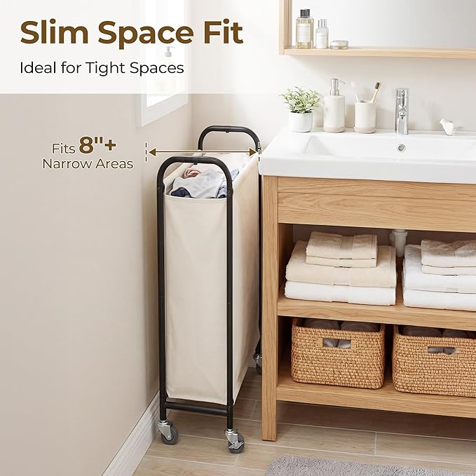 GRANNY SAYS Laundry Hamper, Slim Basket with Wheels and Handles, Beige, 80L | Heavy Duty Metal Frame, Silent Rolling Cart for Clothes in Bedroom, Bathroom, Dorm - Image 3