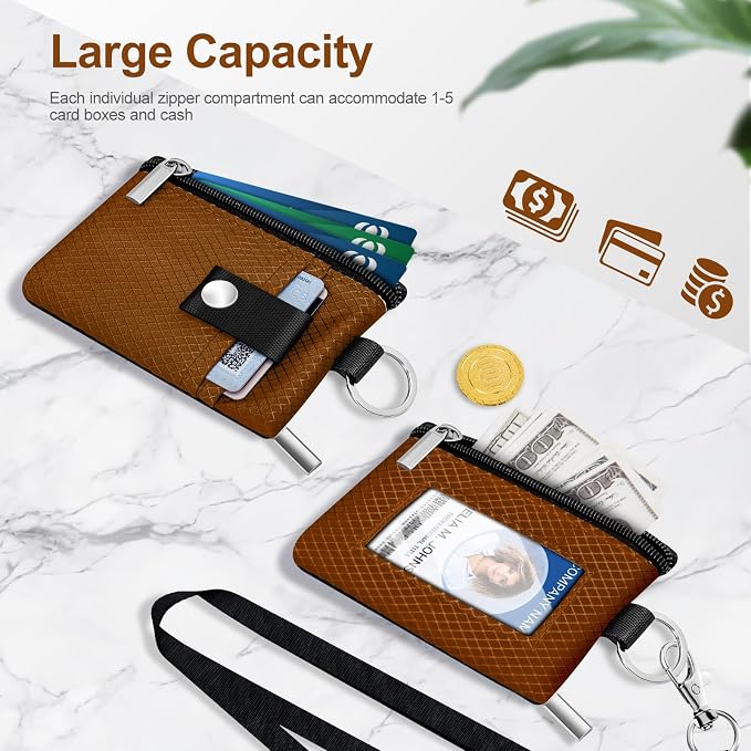 Minimalist RFID Blocking Small Wallet with ID Window,WaterResistant Zip Id Case Wallet with Lanyard Keychain for Cards,Cash,Travel,Women,Men (Brown) - Image 7
