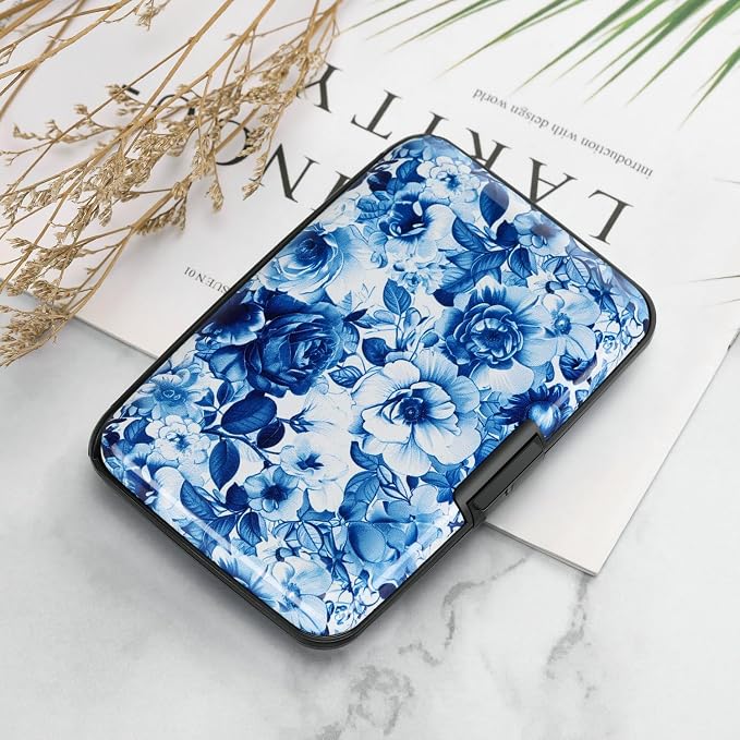 RFID Aluminum Wallet Credit Card Protector Case Holder for Men Women | Mini RFID Aluminum Wallet Credit Cards Holder Business Card Case Metal ID Case for Men Women(Blue and White Peony) - Image 7