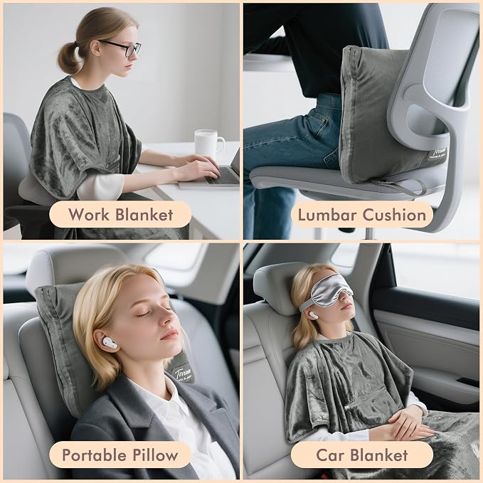 Tirrinia Travel Blanket Airplane Office Poncho 4 in 1 Premium Cozy Fleece Portable Poncho Blankets with Built-in Bag, Pocket - Image 2