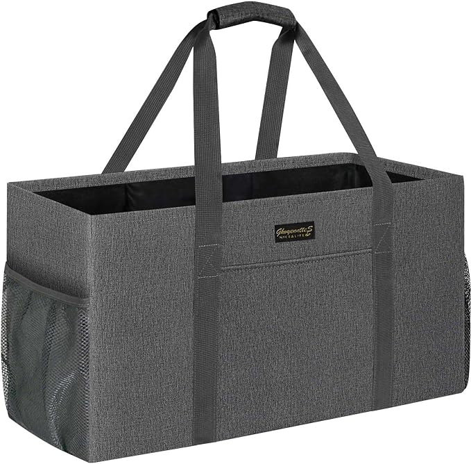 GhvyenntteS Extra Large Utility Tote Bag, Stand Up Utility Tote with Metal Wire Frame & Hard Bottom Board, Reusable Grocery Bags With Handles, Extra Large Beach Bag, Collapsible Car Tote | 22.5"×10.5"×12" by GhvyenntteS