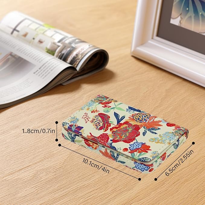 Business Card Holder，PU Leather Business Card Case Color Printing Pattern Card Holder Wallet，Pockets Magnetic Credit Card Holders for Men and Women - Purple Flowers - Image 4
