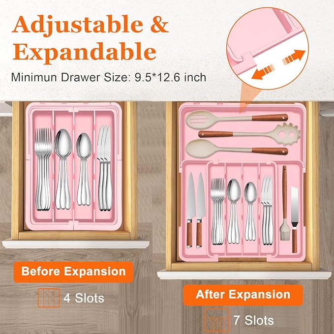 Silverware Organizer - Expandable Silverware Drawer Organizer, Adjustable Drawer Organizer, Silverware Tray for Drawer 15.2"x 19" Utensil Drawer Organizer, Kitchen Organizers Storage, Pink - Image 3