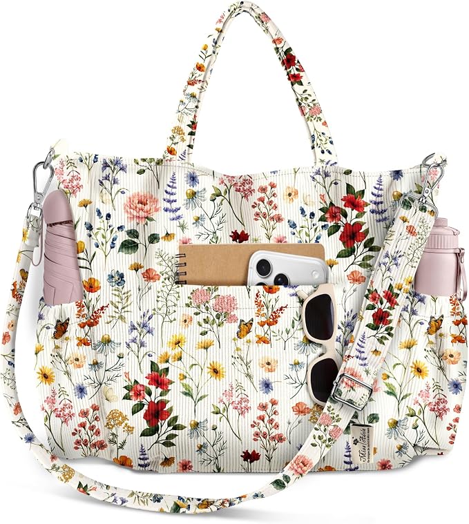 Miss Adola Corduroy Crossbody Tote Bag for Women | Multi Pocket Storage, Zipper Closure, Adjustable Strap, Fits 14 Inch Laptop, Foldable Reusable, for Work Travel Everyday by MissAdola