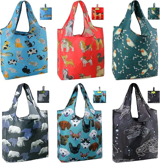 BeeGreen Animal Reusable Shopping Bags Cute Grocery Bag 6 Pack, Christmas Gift Bags Heavy-Duty Foldable Shopping Totes for Supermarket, Work & Travel, Large Washable Polyester Tote Bag with Handles by BeeGreen
