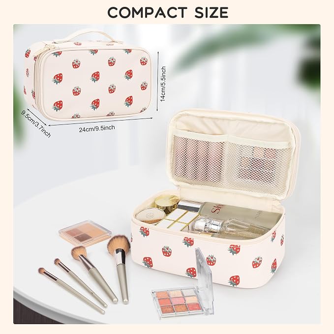 Relavel Small Makeup Bag, 2 Layers Make Up Bag for Women Girls | Travel Cosmetic Bag with Handle, Makeup Organizer Storage with 3 Brush Holders, White Straberry - Image 2