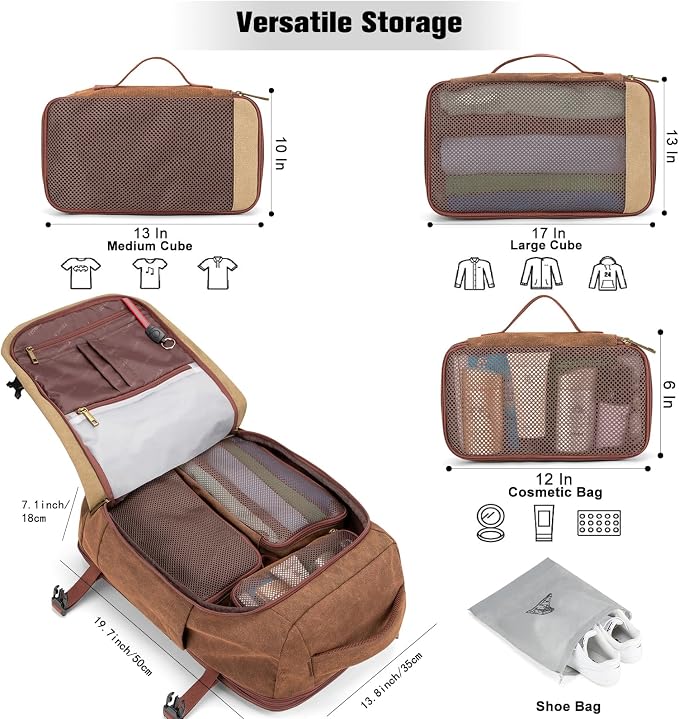 Tzowla 40L Canvas Expandable Travel Laptop Backpack for Men Women Carry on Flight Approved,Large Capacity Anti Theft Backpacks,Vintage Personal Item Bag Fit 17.3" Laptop(Brown & Khaki) - Image 2