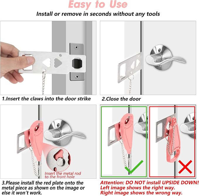 AceMining 2 Pack Portable Door Lock, Hotel Travel Door Lock Security | Hotel Safety Device for Door Security, Portable Lock for Hotel Room, Apartment, College Dorm and Travel, Pink - Image 3