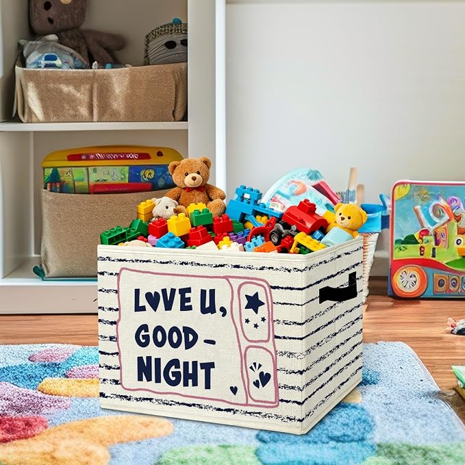 Comforting Goodnight Star Storage Bins Box with Handles Organizer Basket | bedtime heartfelt foldable basket for organizing, striped collapsible toys clothes for nursery bedroom apartment, 10x14 in - Image 2